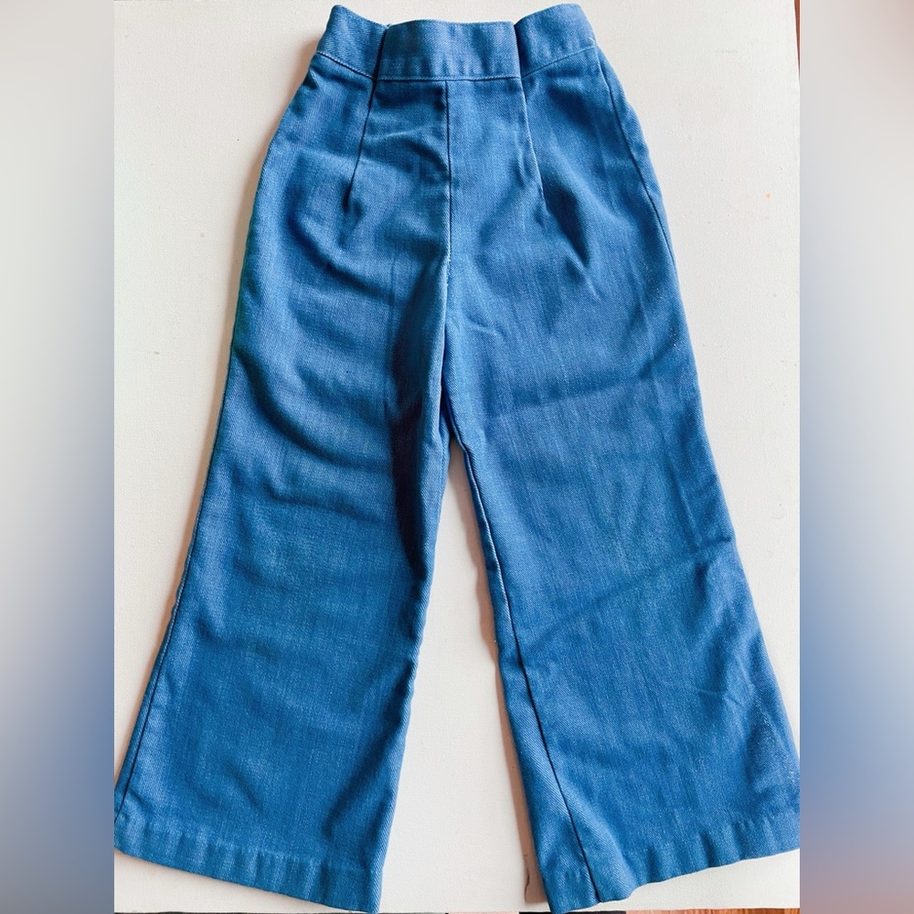 Vintage Retro 1970s Solid Blue Bell Bottom Pants Unisex Size 6 Hippie